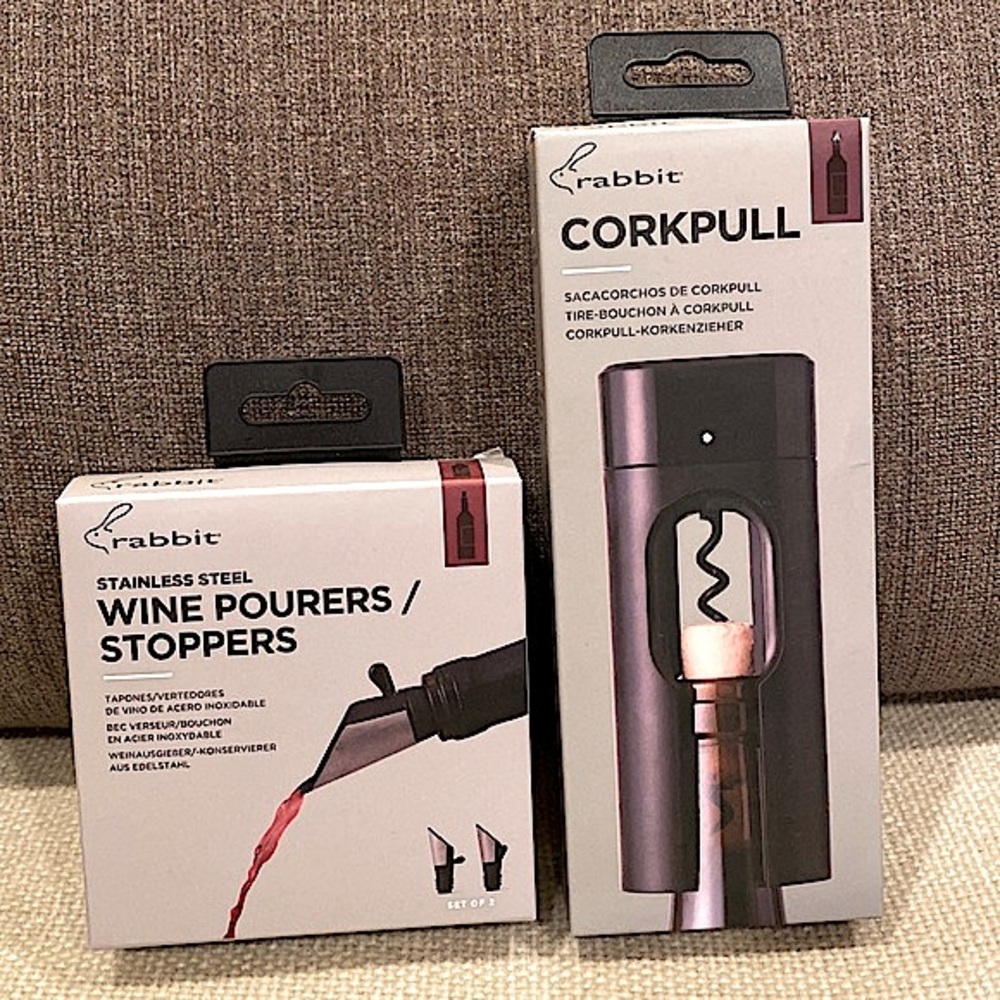 NWT bundle RABBIT wine opener + 2 wine pourers/stoppers